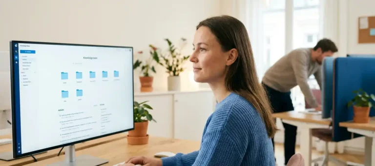 A customer service representative consults a structured digital knowledge base on a large screen in a modern Dutch office.