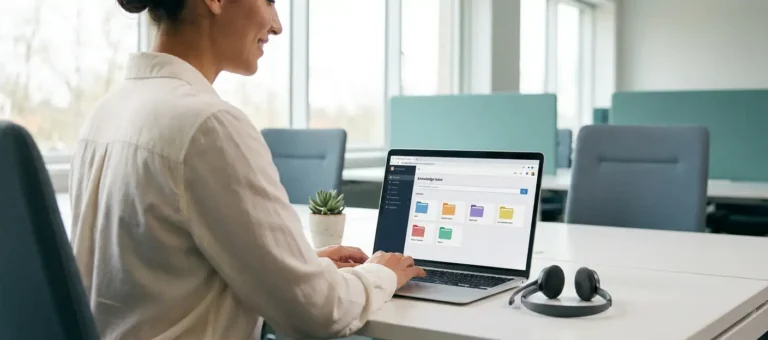 A customer service representative consults a digital knowledge base on a laptop at a modern desk equipped with a headset and natural window light.