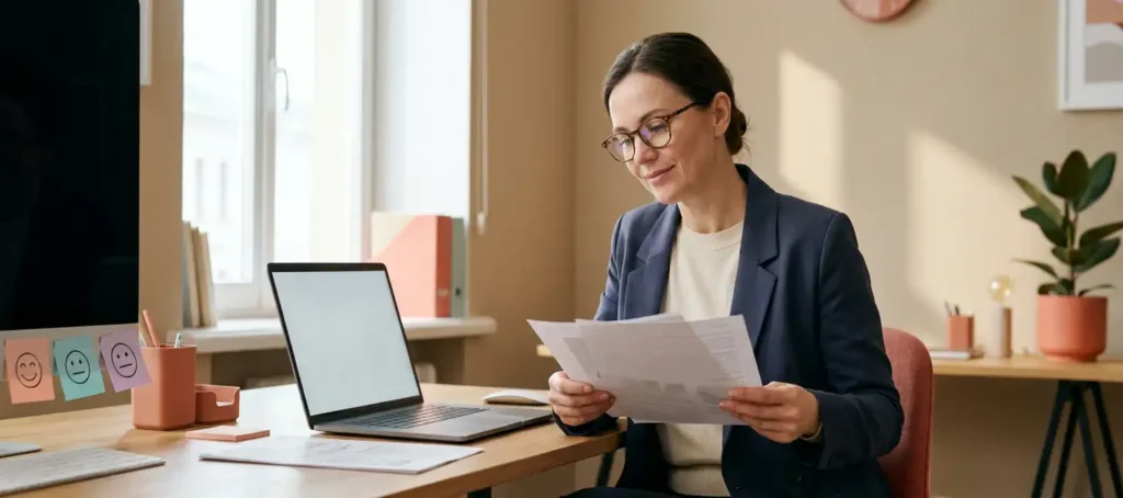 A customer service representative looks at printed survey forms next to a laptop on a modern desk, with colorful sticky notes featuring facial expressions.