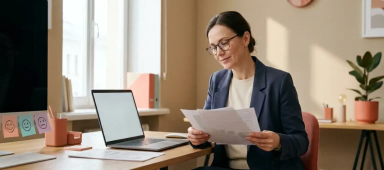 A customer service representative looks at printed survey forms next to a laptop on a modern desk, with colorful sticky notes featuring facial expressions.