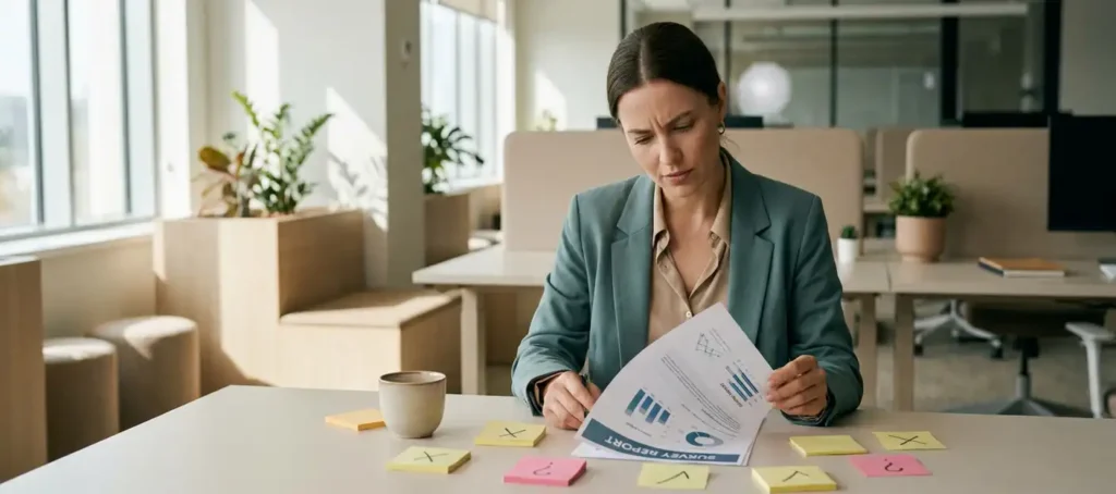 A customer service representative frowns as he studies a survey report at a modern desk with sticky notes and a coffee cup.
