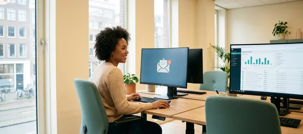 A customer service representative responds enthusiastically to a feedback notification on her screen in a modern Dutch office with natural daylight.