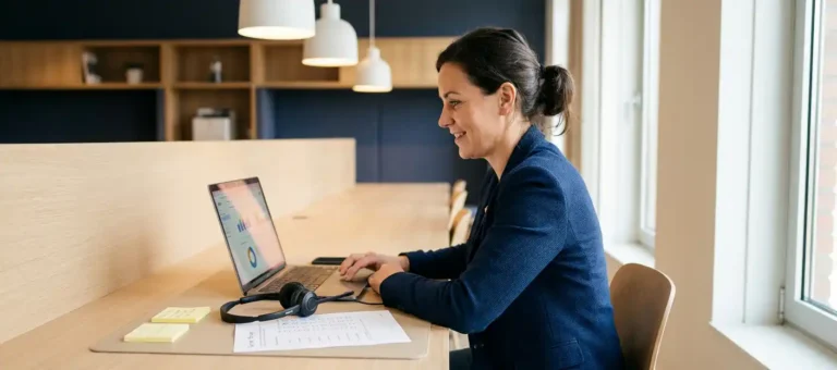 A customer service representative is viewing a feedback dashboard on a laptop at a modern desk, wearing a headset and surrounded by a survey form and sticky notes.