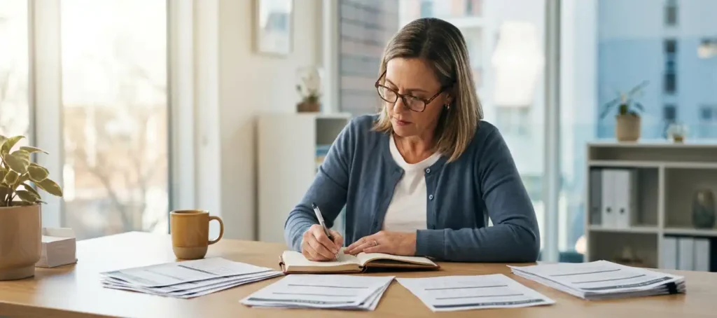 A customer service representative analyzes printed feedback surveys at a modern desk and takes notes in a notebook.