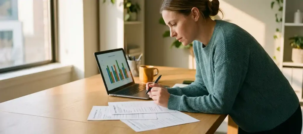 A customer service representative analyzes survey forms at a modern desk with a laptop displaying bar charts, bathed in warm, natural light.