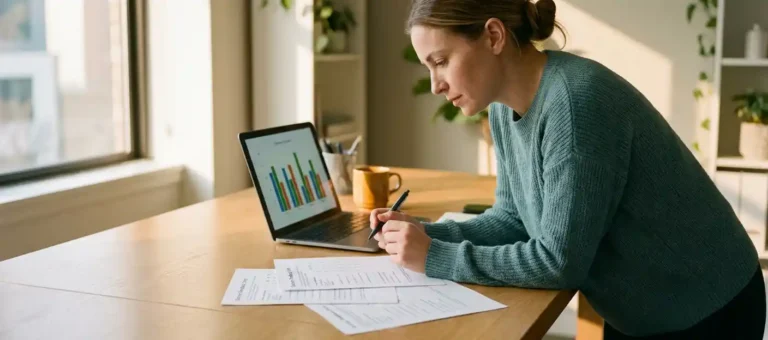 A customer service representative analyzes survey forms at a modern desk with a laptop displaying bar charts, bathed in warm, natural light.