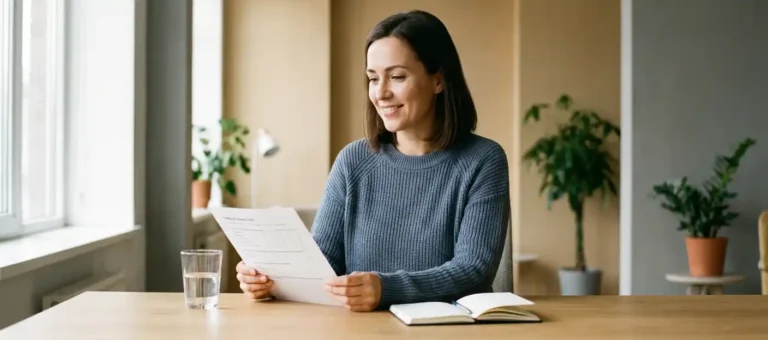A customer service representative at a modern desk calmly reviews a feedback form, with a notepad and a glass of water, in warm, natural light.