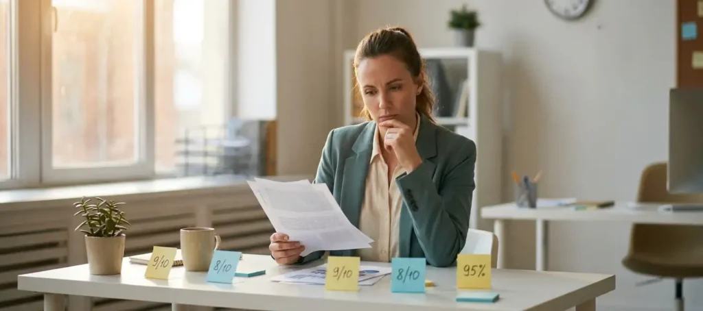 A customer service representative analyzes feedback reports at a modern desk, with satisfaction scores written on sticky notes, under warm office lighting.