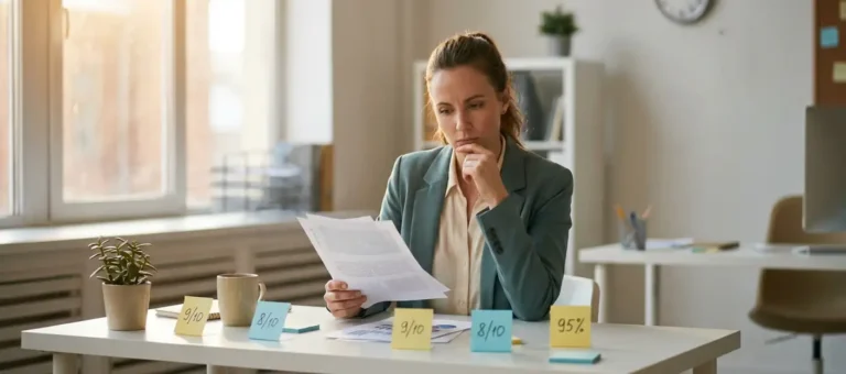 A customer service representative analyzes feedback reports at a modern desk, with satisfaction scores written on sticky notes, under warm office lighting.