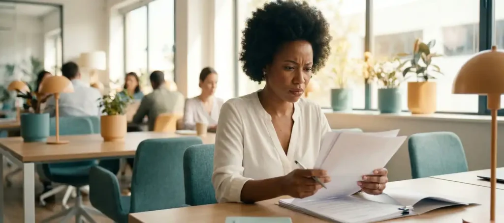 A customer service representative analyzes a call report at a modern desk in a bright office environment with natural light from the windows.