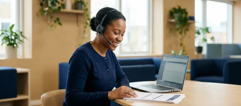 A customer service representative wearing a headset reviews survey forms next to a laptop at a modern desk in a warm office.
