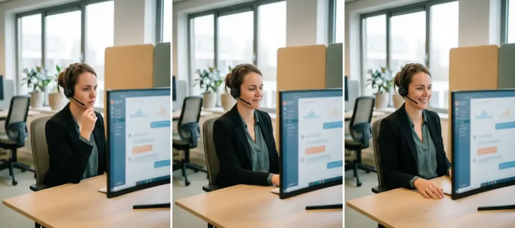 A customer service representative wearing a headset reviews call data on a monitor in a modern Dutch office bathed in soft, natural light.