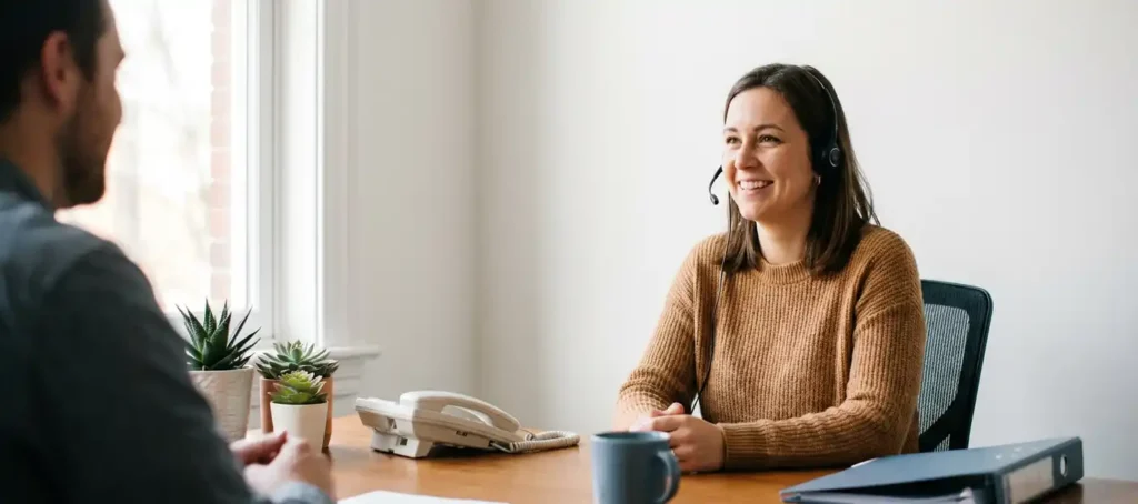 A customer service representative assists a customer over the phone from a modern Dutch office with white walls and plants.
