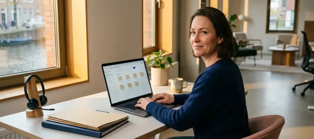A customer service representative is looking at the knowledge base on a laptop at a modern desk, wearing a headset and surrounded by folders, with warm, natural light.