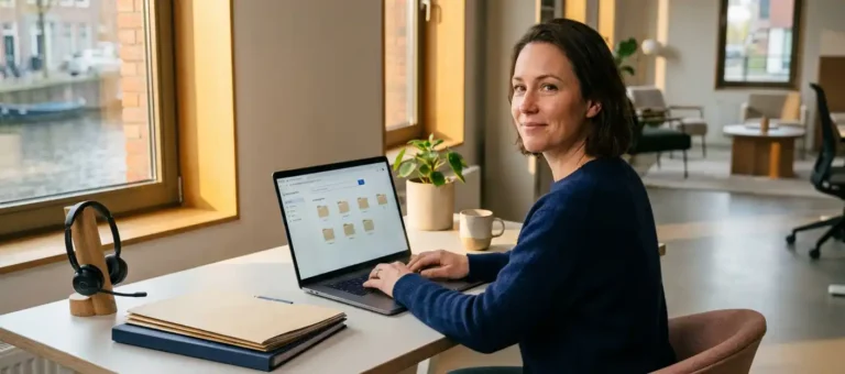 A customer service representative is looking at the knowledge base on a laptop at a modern desk, wearing a headset and surrounded by folders, with warm, natural light.