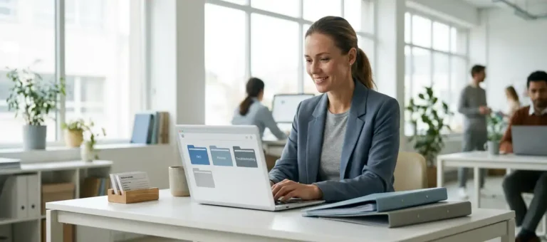 A customer service representative consults a digital knowledge base on a laptop at a modern desk in a well-lit office environment.