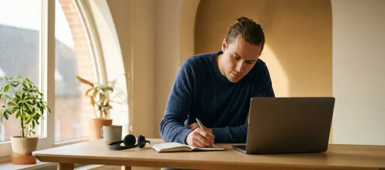 A customer service representative takes notes in a notebook at a modern desk equipped with a laptop and headset, bathed in warm, natural light.