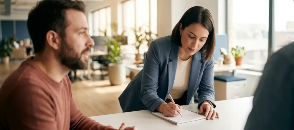 A customer service representative is carefully taking notes in a notebook while sitting at a white desk in a modern office with natural light.