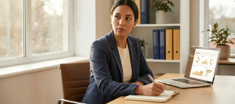 A customer service representative takes handwritten notes at a modern desk with a laptop in a warm office bathed in natural light from the window.