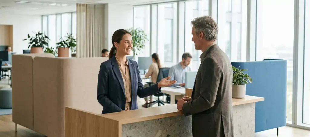A customer service representative assists a customer at a modern reception desk in a bright office with large windows.