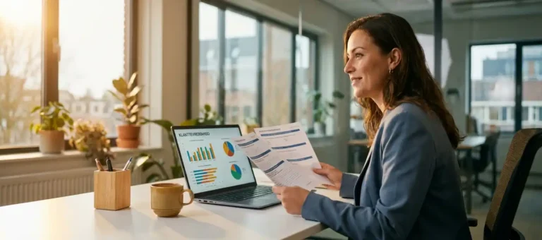 A customer service representative reviews printed survey results at a modern desk, using a laptop that displays satisfaction charts.