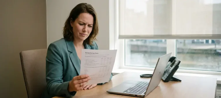A customer service representative looks skeptically at a paper survey form while sitting at a modern desk in a Dutch office.