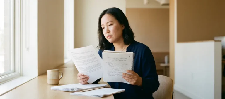 A customer service representative analyzes printed call summaries and handwritten notes at a modern desk in a warm, well-lit office.
