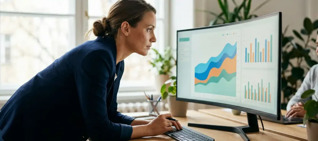 A customer service team leader analyzes a dashboard displaying satisfaction charts and call volume figures on a large screen in a modern office.