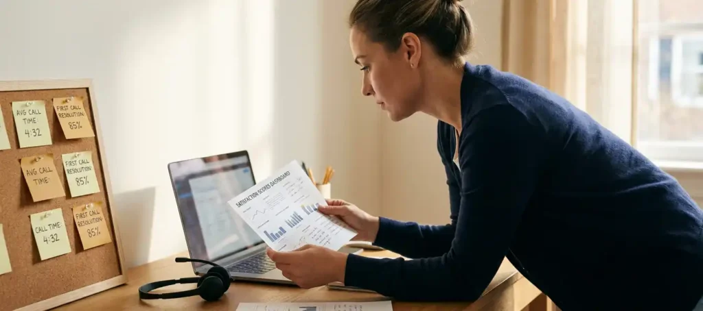 A customer service representative reviews printed satisfaction scores at a modern desk equipped with a headset, laptop, and sticky notes with call statistics.