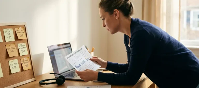 A customer service representative reviews printed satisfaction scores at a modern desk equipped with a headset, laptop, and sticky notes with call statistics.