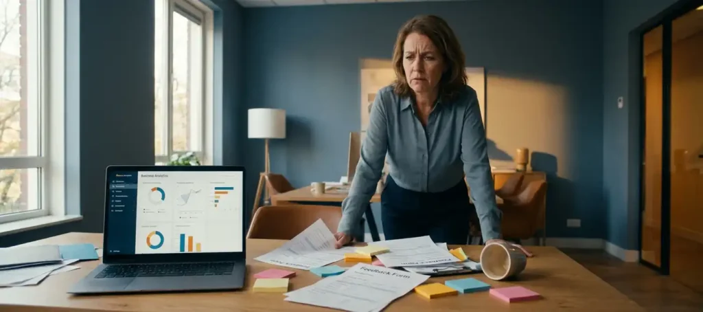 A customer experience manager frowns at a cluttered desk covered with feedback forms, sticky notes, and a laptop with incomplete data, in a modern office.
