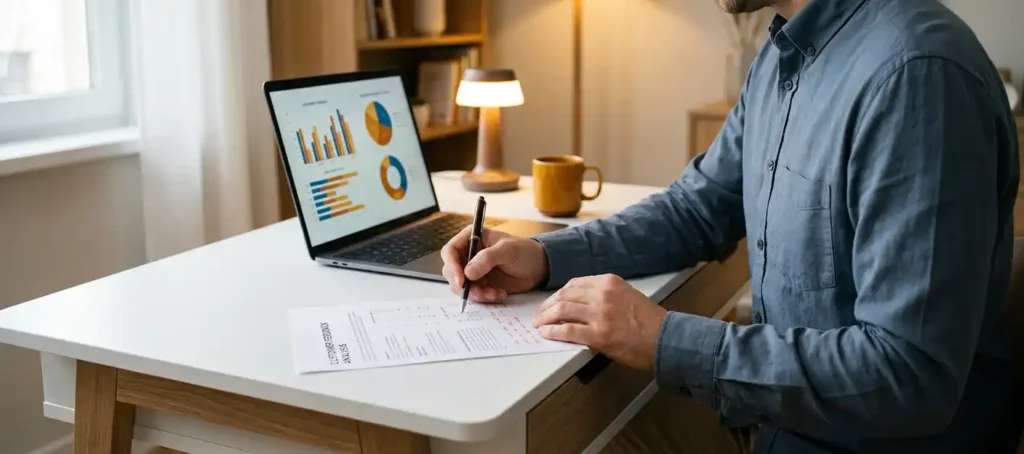 A professional analyzes a customer feedback report at a modern office, takes notes, and a laptop displays data charts in warm, natural light.