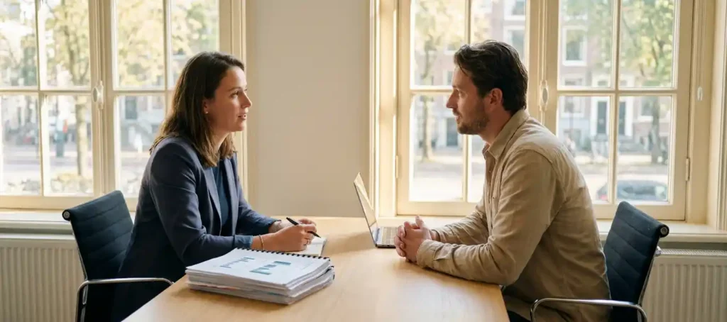 A researcher conducts a one-on-one customer interview at a modern office desk, with demographic reports and survey summaries laid out beside them.