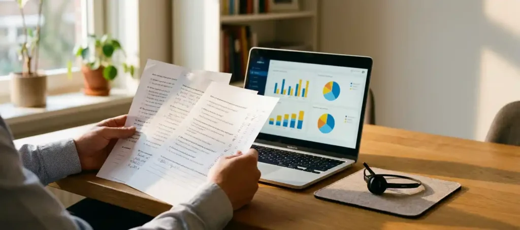 An analyst reviews customer satisfaction forms on a desk next to a laptop displaying colorful charts, a headset, and natural light.