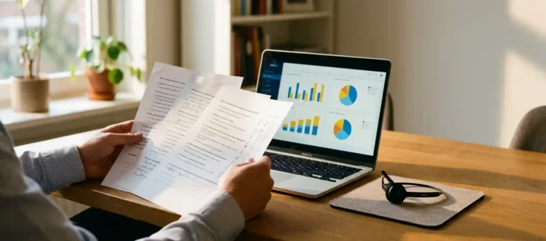 An analyst reviews customer satisfaction forms on a desk next to a laptop displaying colorful charts, a headset, and natural light.