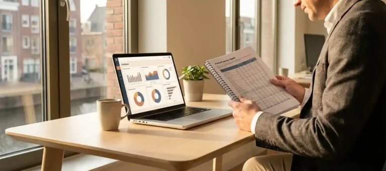 A customer experience manager compares a printed survey report with dashboard analyses on a laptop at a modern desk in a Dutch office.