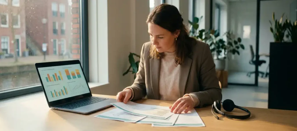 A customer service representative analyzes a satisfaction survey at a modern desk using a laptop with dashboard charts and a headset.