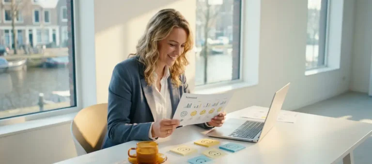 A customer service representative reviews a satisfaction scorecard at a modern desk with a laptop, sticky notes, and coffee in a bright Dutch office.