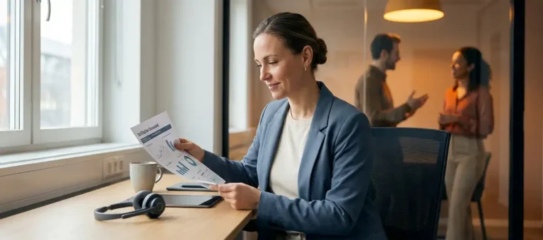 A customer service team leader reviews a satisfaction scorecard at a modern desk, with a headset on the table, and colleagues visible through a glass wall.