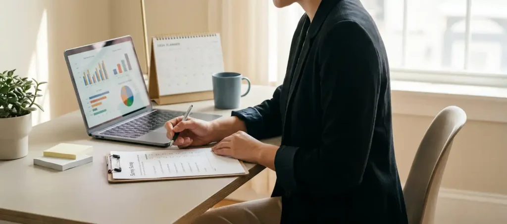 A professional studying a customer survey on a clipboard at a modern desk, with a laptop displaying data charts and a planner in the background.