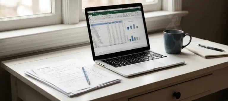 A researcher at a white desk with a completed survey, an open laptop displaying a spreadsheet, and a steaming cup of coffee in warm, natural light.
