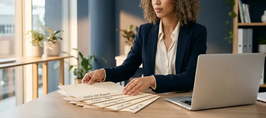 A woman at a modern desk arranging five labeled folders in order, with her laptop open, bathed in warm, natural office light.