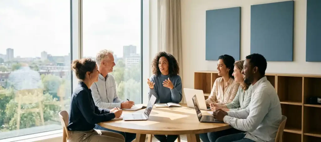 Several employees are in discussion around a modern conference table in a Dutch office; one colleague is sharing feedback while the others listen attentively.