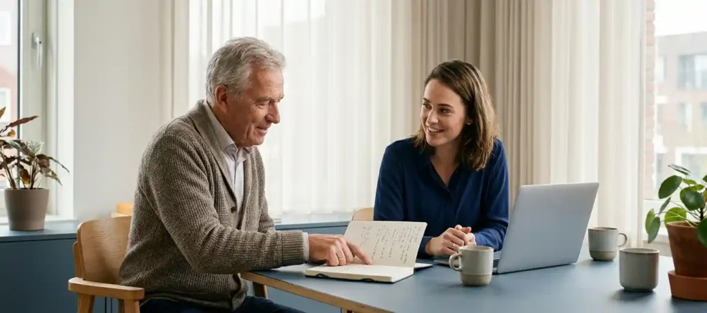 An experienced employee shares notes with a younger colleague at a modern desk in a bright office with natural light from the windows.