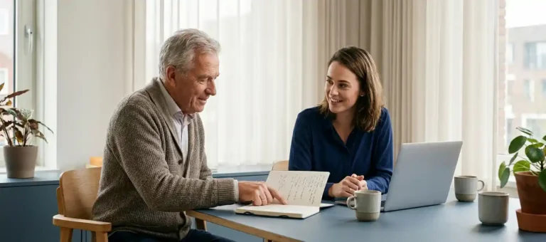 An experienced employee shares notes with a younger colleague at a modern desk in a bright office with natural light from the windows.