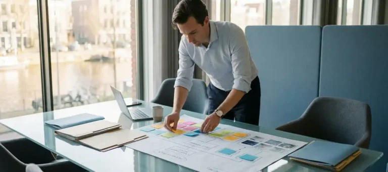 A professional spreads out a color-coded organizational chart on a glass conference table in a modern Dutch office with natural light.