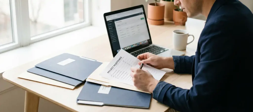 A professional at a modern desk with a structured document checklist, a laptop, and coffee, surrounded by organized folders in warm, natural light.
