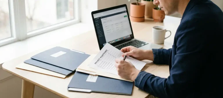 A professional at a modern desk with a structured document checklist, a laptop, and coffee, surrounded by organized folders in warm, natural light.