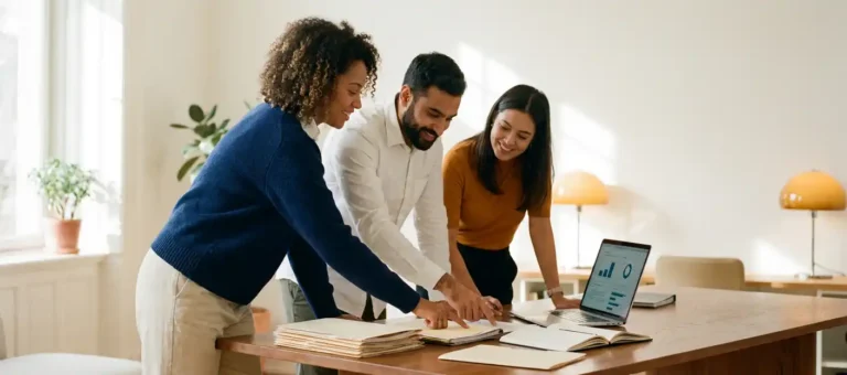 Three colleagues are huddled around a laptop and notebooks in a modern office, surrounded by neatly organized documents.