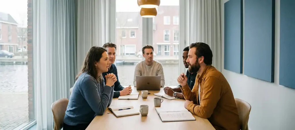 Colleagues in discussion at a conference table in a modern Dutch office with large windows and natural daylight.